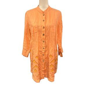 J Jill Top Womens M Linen Orange Floral Embroidered Button Down Lagenlook Beachy